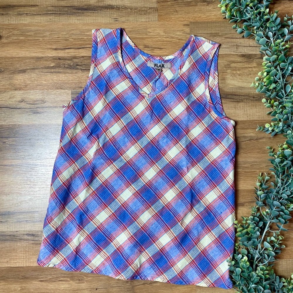 FLAX | Linen Plaid Sleeveless V Neck Top